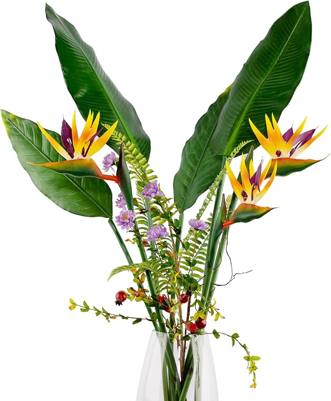 Artificial Bird of Paradise Flowers Rubber Strelitzia 32'in Long Stem Flower 3 Pcs,Suitable for DIY Home Decor Party Theme Display (Orange)