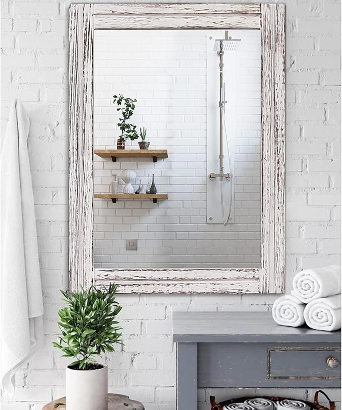 AAZZKANG Large Wall Mirrors with Rustic Wood Framed 28"x20" Rectangle Decorative Hanging Mirror for Farmhouse Bedroom Bathroom Living Room Entryway