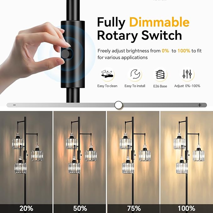 70" Black Tree Floor Lamp with 3 Crystal Cage Lampshades & Dimmable Bulbs - Vintage Glam Standing Lamp for Living Room Bedroom, Industrial Modern Decor with Crystal Ball Accents