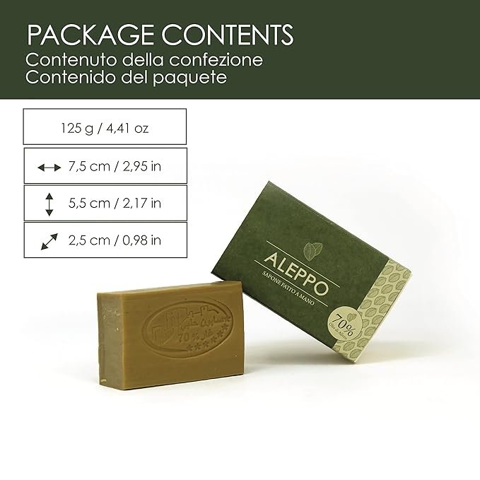 LYNPHA VITALE Aleppo Soap Bar with Olive Oil and 70% of Laurel Oil – Handmade Soap for Sensitive Skins, Original Recipe - 100% Natural and Biodegradable - 1x4,41 oz