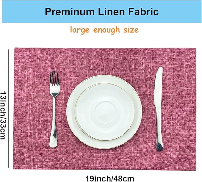 Weabetfu Cloth Placemats Set of 6 Heat Resistant Dining Table Placemmats Cotton Linen Machine Washable Kitchen Table Mats Wrinkle Free Thick Fabric Place Mat,Easy to Clean,13"x19"