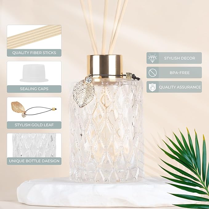 4Pcs Reed Diffuser Set with Metal Golden Decoration, 6oz Empty Reed Diffuser Bottles with 20Pcs Reed Diffuser Sticks, Unique Design Bottles for Home and Office (Large Cylinder)