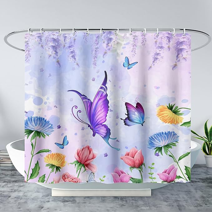 AILONEN Girls Butterfly Shower Curtain for Bathroom,Colorful Floral Flower Purple Watercolor Butterfly Printed Bath Curtain 36" W*72" H Polyester Fabric Waterproof Bathroom Curtain with 12 Hooks
