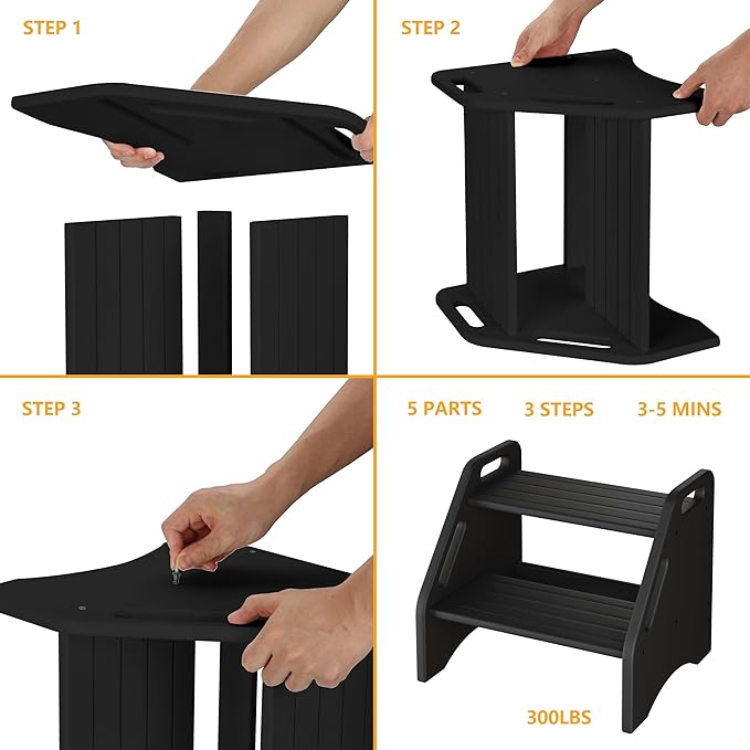 AMBIRD Wooden Step Stool, Two Step Stools 300 lbs Capacity with Safety Non-Slip Pads and Handles, Bamboo Step Stool for Bathroom, Kitchen Step Stools Dual Height Step Stools for Adults (Black)