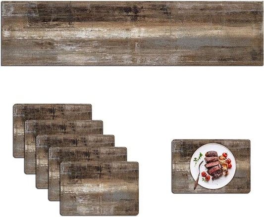 Mcalk Dark Brown Table Runner and Placemats Set of 6 Pieces, Brown Placemat, Cloth Place Mats Indoor for Kitchen, Washable Abstract Placemats Linen Material for Dining Table