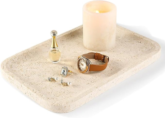 Koville Marble Vanity Tray, 12"x8" Marble Organizer Tray for Countertop Bathroom Kitchen Dresser, Rectangular Decorative Jewelry Dish for Cosmetics Perfume Trinket(Brown)