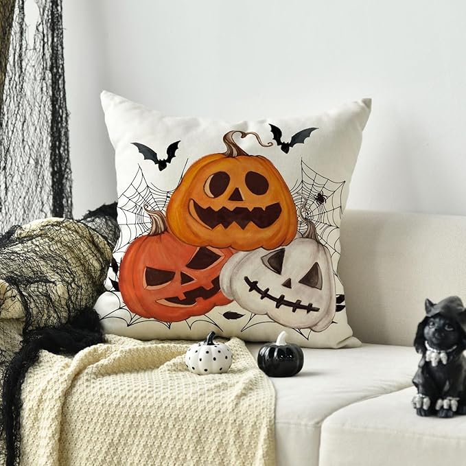 AVOIN colorlife Halloween Pumpkin Jack-O'-Lanterns Bat Throw Pillow Cover, 18 x 18 Inch Holiday Farmhouse Cushion Case Decoration for Sofa Couch