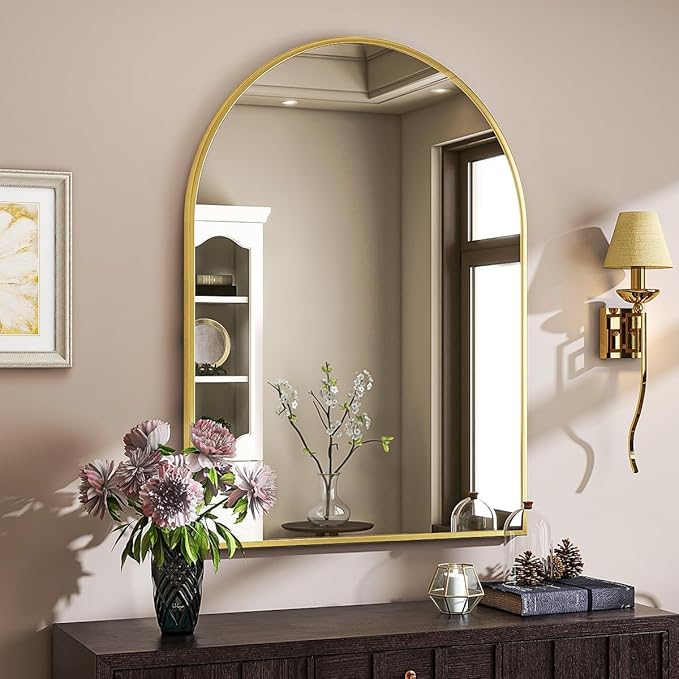 Arched Wall Mirror, 30 x 38 inch Arch Bathroom Mirror, Wall Mounted Vanity Mirror with Arch Metal Frame, Modern Bathroom Vanity Mirror for Bedroom, Living Room, Hanging or Leaning, Gold