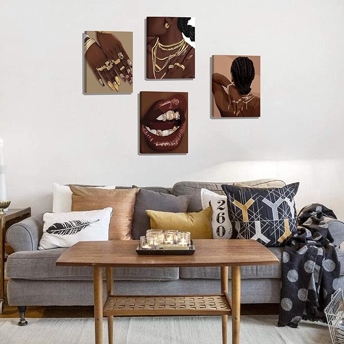 Black Woman Framed Canvas Art Printing,Boho Black Female Wall Art,Black Girl Art Poster,Abstract African American Woman Wall Art Decor for Home Bedroom - Set of 4 (8"X10",Built-in frame)
