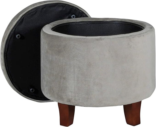 HomePop by Kinfine Fabric Upholstered Round Storage Ottoman - Velvet Button Tufted Ottoman with Removable Lid, Light Gray Small