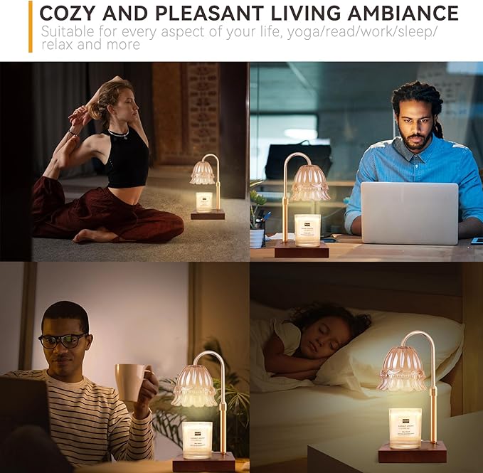 Candle Warmer Lamp with 3 Bulbs, Adjustable Height Dimmable Candle Warmer with Timer, Compatible with Large Jar Candles, Flower Candle Warmer with Charming Gift Box Ribbon(Light Brown)