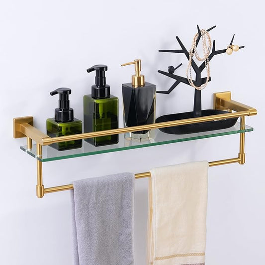 Bathroom Glass Shelf with Towel Bar/Rack 24 inches Wall-Mounted Shelves Tempered Glass Sink Toilet Organizer Shower Towel Decorative Storage (Polished Gold Finish)