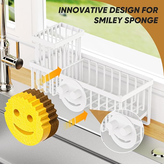 Sponge Holder for Kitchen Sink,Smiley Face Sink Caddy with Removable Brush Holder,Self-Draining Sponge Caddy for Soap,Dish Brush,Scrubber,Kitchen Essentials and Gadgets-White