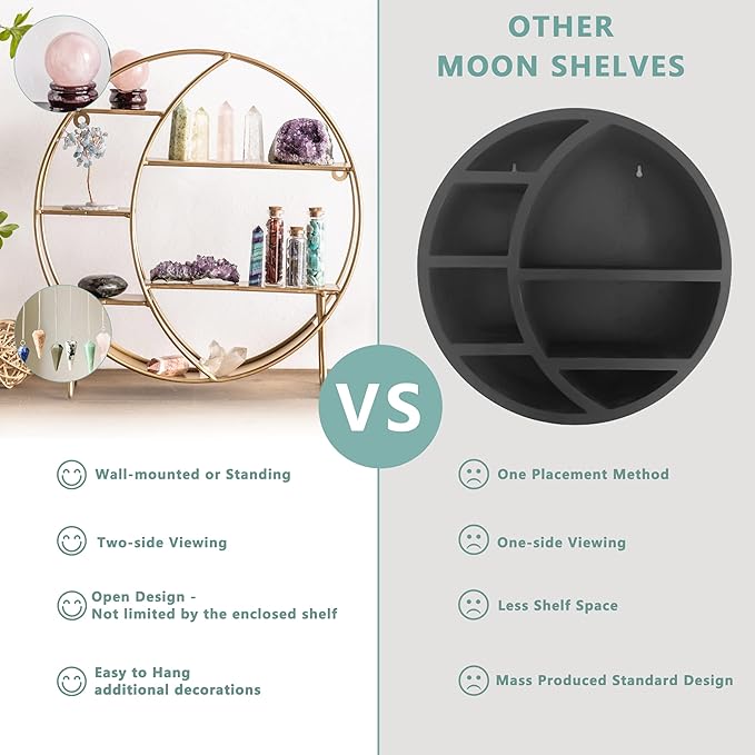 Moon Shelf for Crystals - Circle Shelf Wall Decor for Wall and Countertop - Crystal Shelf Display for Stones, Essential Oil, Pendulum - Boho Hanging Moon Shelves (Matte Gold)