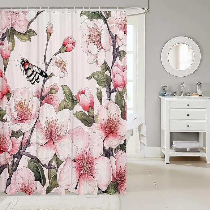 Feelyou Peach Blossom Fabric Shower Curtain for Kids Boys Girls Flower Floral Bathroom Waterproof Accessories with 12 Hooks Pink Shower Curtain Honey Curtains,72x78 Inches