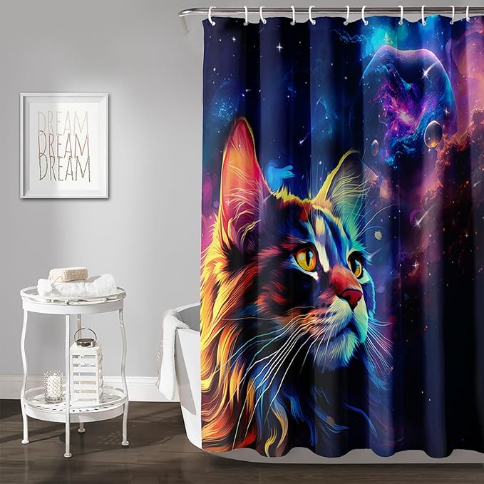 AILONEN Cat Shower Curtains for Kids,Galaxy Cat Curtains Gifts for Cat Lover,Animal Theme Bath Curtains for Bathroom Decor,72" W*96" H Polyester Waterproof with 12 Plastic Hooks
