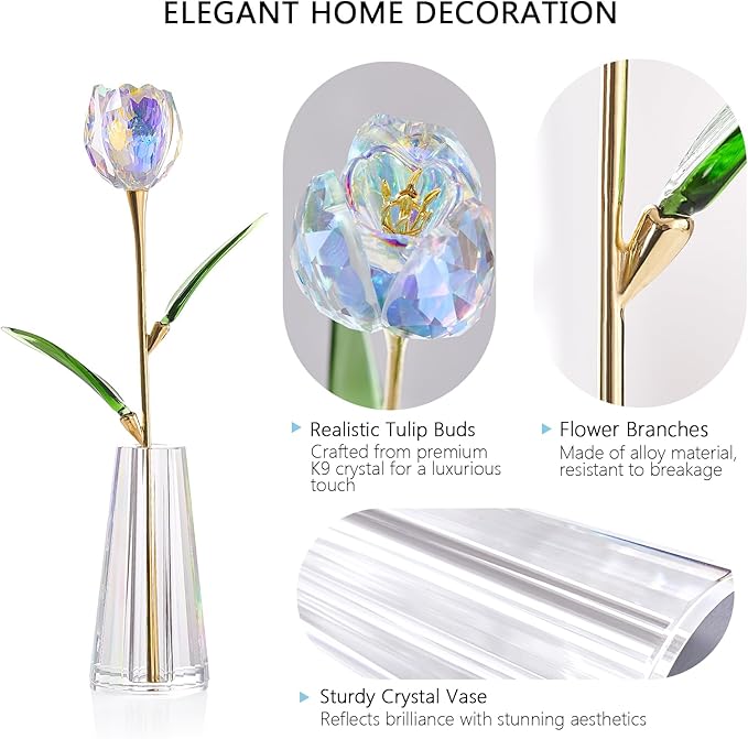 Crystal Tulip Flowers Figurine Collectible- Glass Flowers with Vase,Glass Flower Bouquet Paperweight,Gift for Anniversary Wedding Centerpiece Ornament（Colorful）