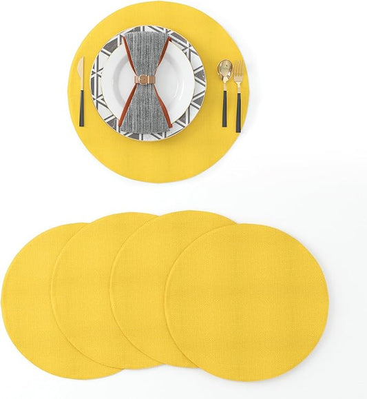 Set of 4 Handmade Round Placemat 15 Inch Soft Linen eco-Friendly Fabric Handcrafted Machine Washable Indoor & Outdoor Tablemat Yellow
