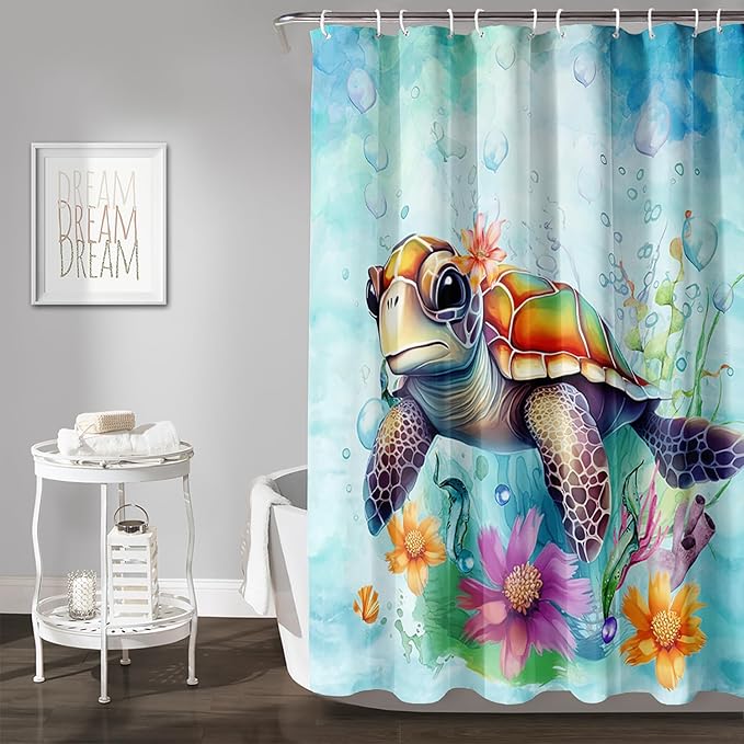 AILONEN Cute Sea Turtle Shower Curtain,Boys Kids Ocean Turtle Bath Curtain with 12 Plastic Hooks,Watercolor Sea Turtle Decorative Waterproof Curtain 60" W*72" H