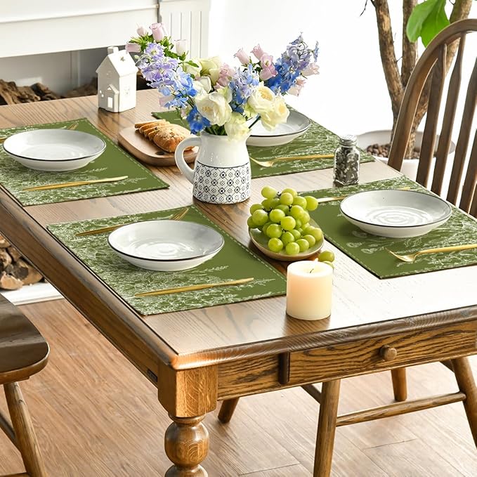 Artoid Mode Antique Herbs and Wild Flowers Spring Placemats Set of 4, 12x18 Inch Seasonal Sage Green Summer Table Mats for Party Kitchen Dining Decoration
