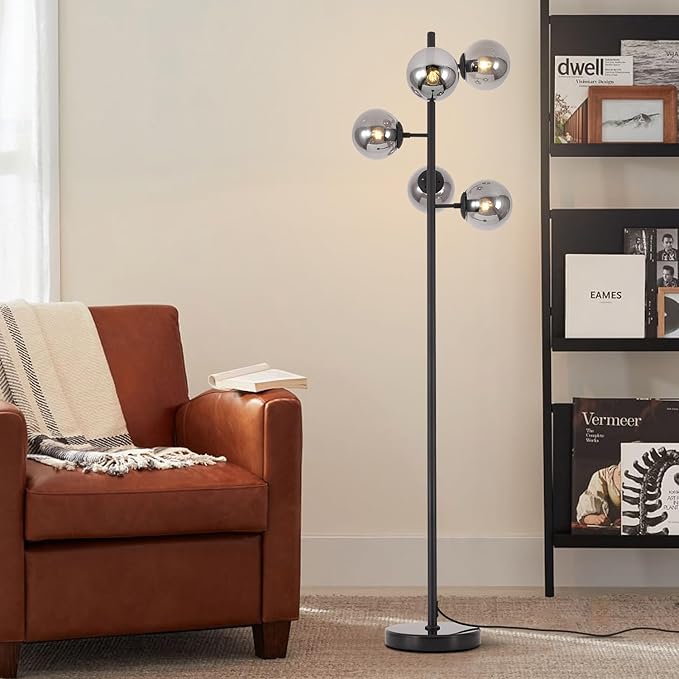KCO Lighting Smoked Glass Modern Globe Farmhouse Black Standing Multi-Head Floor Lamps for Living Room, Bedrooms, Office
