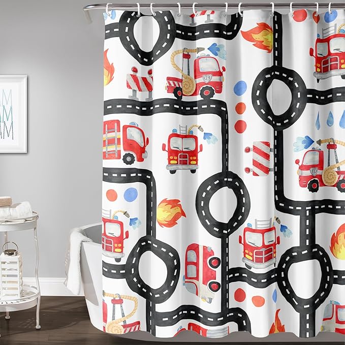 AILONEN Fire Truck Shower Curtain for Boys Bathroom Decor,Firemen Truck Bath Curtain,Construction Truck Printed Kids Curtain,Waterproof with 12 Plastic Hooks, 72" W x 84" H