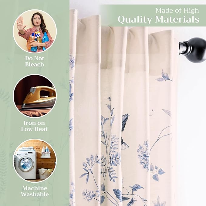 Maison d' Hermine Curtains for Living Room 100% Cotton 108 inch Length One Panel Light Filtering Curtains for Bedroom Windows with Rod and Loop Pockets Drapes (Neo Ipomee Beige, 50" W x 108" L)