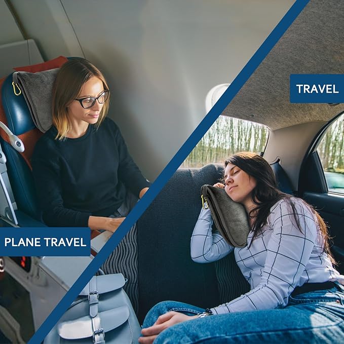 Bnuitland Travel Blanket and Pillow 2 in 1, Soft Flannel Airplane Blanket in Bag Compact-Long Flight Essential for Adults and Kids, Portable Luggage Sleeve and Backpack Clip, 65×40 inch Grey