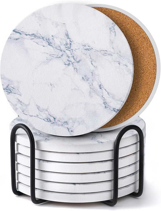 LIFVER Coasters Set of 8 for Drinks, White Marble-Style Anti-Slip Absorbent Drink Coasters with Holder, Modern Stone Coasters Ideal Housewarming Gifts for Home Patio Decor Coffee Bar Accessories