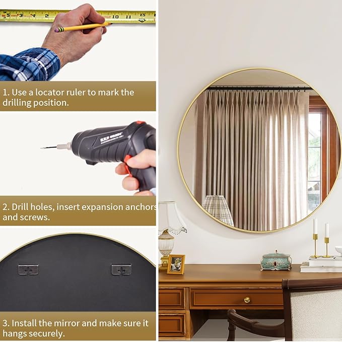 Gold Round Mirror, 42 Inch Bathroom Mirror with Metal Frame, Wall Wall-Mounted for Entryway, Bathroom, Vanity, Living Room