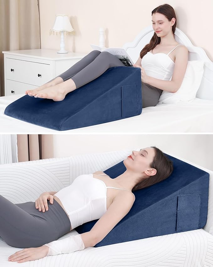 Wedge Pillow for Sleeping, 12 Inch Bed Wedge Pillow for After Surgery, Acid Reflux, Memory Foam Top Triangle Pillow Wedge for Head, Back, Leg with Machine Washable Cover-Blue