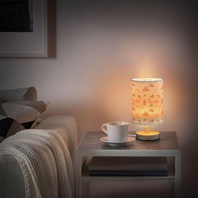 Table Lamp Vintage Sunset Desert Pattern Cactus Mountain Cowboy Horse Turkey Nightstand Lamp with Wood Base Fabric Lamp Shade Bedside Desk Lamp for Living Room Bedroom Kids Room Office