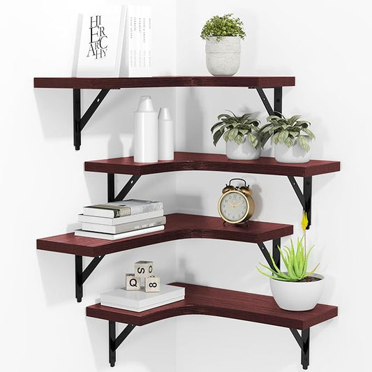 Corner Floating Shelves Wall Mounted Set of 4, Rustic Wood Storage Display Wall Shelves for Home Decor, Bathroom, Kitchen, Bedroom, Living Room, Office (Red)