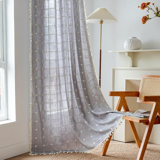 Sutuo Home Boho Curtains for Kitchen Nursery Room 63 Inches Long,Checkered Linen Light Filtering Farmhouse Bohemian Vintage Chic Tassels Window Treatment Drape, 1 Panel 52" W x 63" L, Dark Grey Plaids