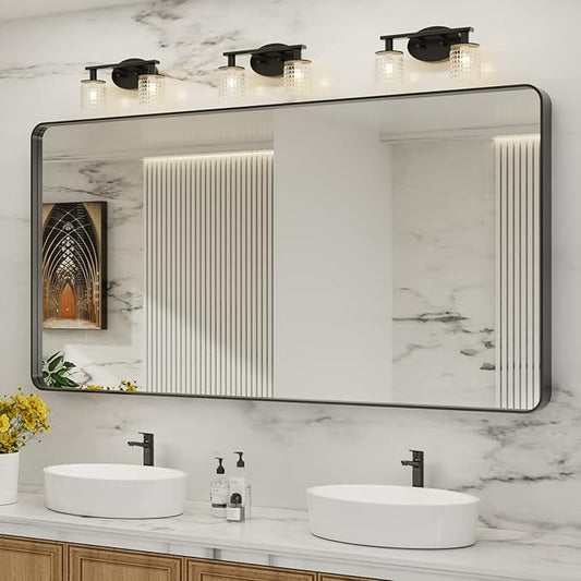 LOAAO 72X36 Inch Black Metal Framed Bathroom Mirror for Wall, Matte Black Bathroom Vanity Mirror Farmhouse, Large Rounded Rectangle Mirror, Anti-Rust, Shatter-Proof, Hangs Horizontally or Vertically