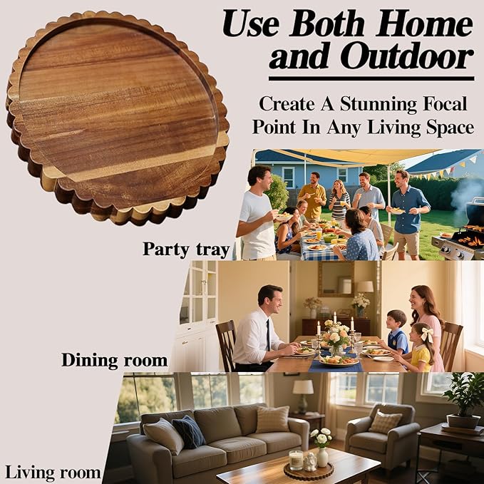 11.8 Inch Round Acacia Wood Decorative Tray for Coffee Table - Unique Scalloped Edge Design, Ideal Wooden Centerpiece Trays for Kitchen, Dining Room, Living Room and Home Decor