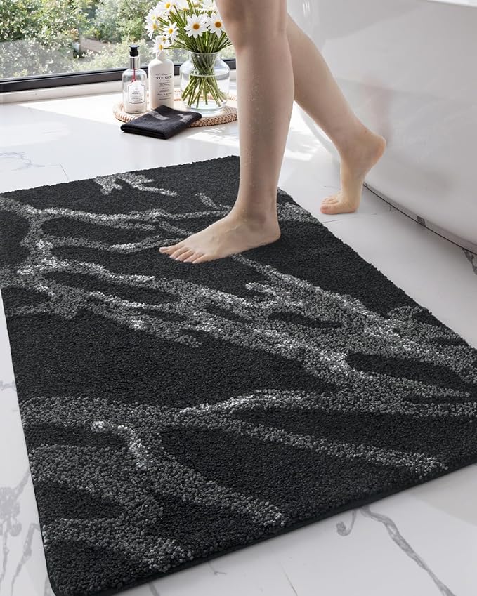 DEXI Soft Plush Bathroom Mat, Non Slip Washable Bath Rug, Absorbent Bathmat for Shower Tub Sink Toilet, 24x43, Black