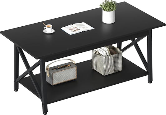 GreenForest Coffee Table with Storage, 43 inch Large Modern Coffee Tables for Living Room, X-Frame Design Farmhouse Coffee Table Space Saving Living Room Tables, Easy Assembly, Black