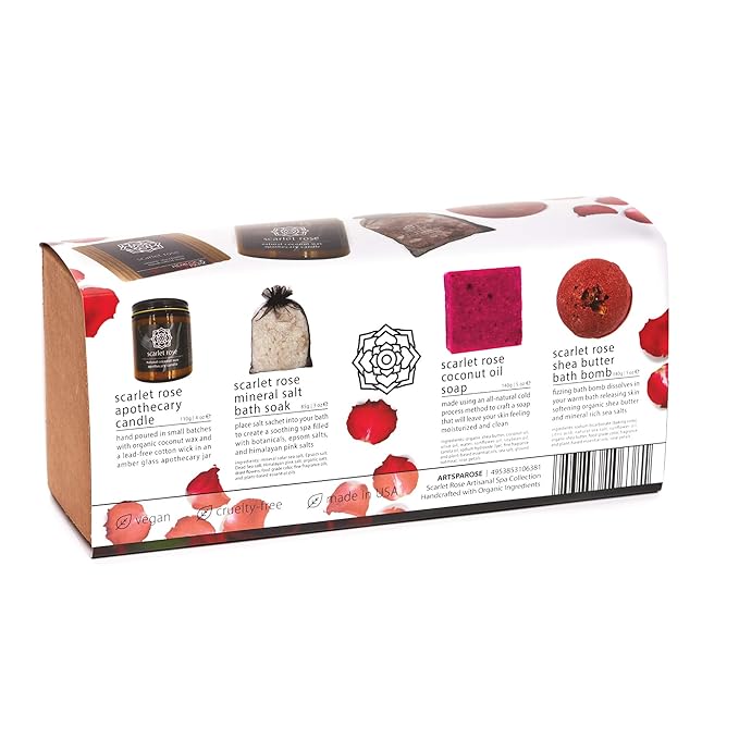 Hemlock Park Scarlet Rose Artisanal Spa Gift Box | Apothecary Candle, Shea Butter Soap, Bath Bomb, Mineral Salt Bath Soak | Handcrafted with Plant Based Ingredients