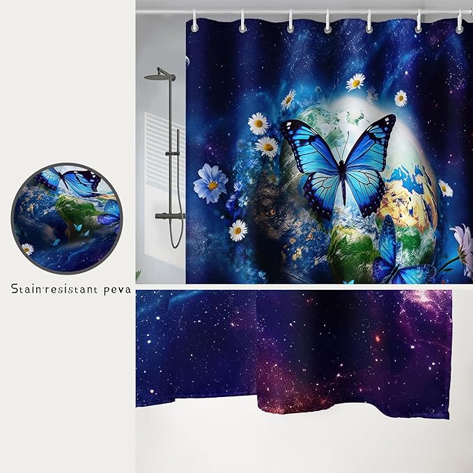 AILONEN Blue Butterfly Shower Curtain 72" W*84" H,Mystic Galaxy Earth Starry Bathroom Decor,Modern Floral Butterfly Bath Curtain Polyester Waterproof Bathroom Curtain with 12 Hooks