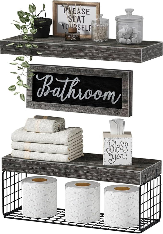 QEEIG ‎Bathroom Shelves Over Toilet - Paper Storage Wall Mounted Farmhouse Decor Decorations Aesthetic Décor Sign Small Floating Shelf 2+1 Set 16 inch, Grey (020GY)