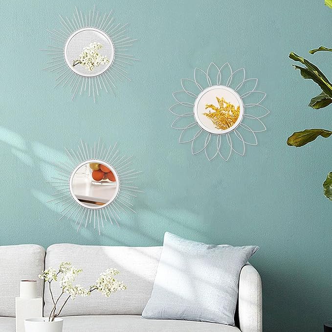 3 Pack Metal Mirrors for Wall Sunburst Wall Mirrors Home Décor Decorative Hanging Wall Art for Living Room Bedroom Entryway (Silver, Flower+Sunburst)