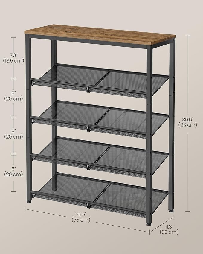 VASAGLE Shoe Rack for Entryway, 5-Tier Shoe Rack Organizer with Storage Shelves and Spacious Top, Freestanding, Adjustable, Industrial, Honey Brown and Ink Black ULBS038K01