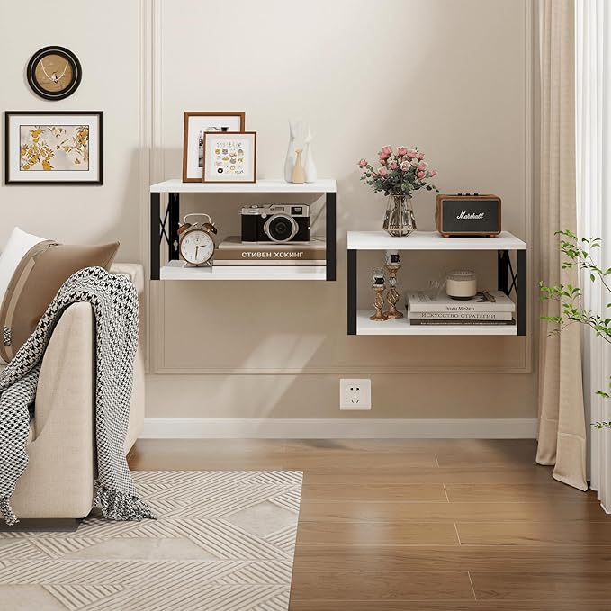 Homode Floating Night Stand, Modern Bedside Shelf Wall Mount, Wood Hanging Nightstand with Wire Hole, Floating Side Table for Bedroom Bathroom Living Room Small Places, White