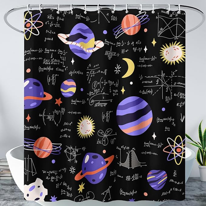 AILONEN Solar System Shower Curtain,Math Galaxy Purple Planet Bath Curtain for Bathroom Decor,Cartoon Planet Polyester Waterproof with 12 Plastic Hooks 72" W*84" H