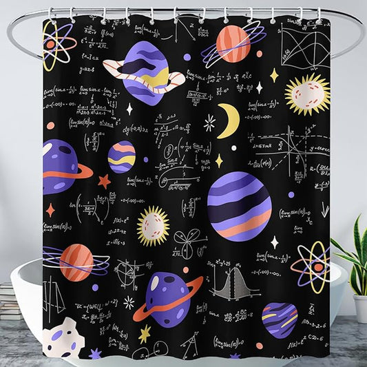 AILONEN Solar System Shower Curtain,Math Galaxy Purple Planet Bath Curtain for Bathroom Decor,Cartoon Planet Polyester Waterproof with Plastic Hooks 36" W*72" H