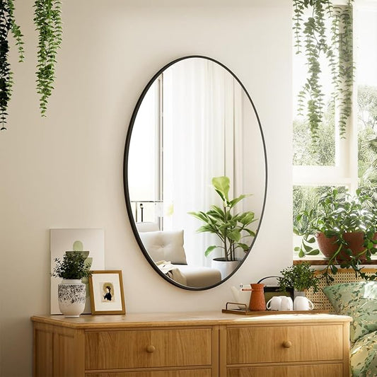 Black Oval Bathroom Mirror, 20 x 28 inch Modern Oval Wall Mounted Vanity Mirror with Tempered Glass Hanging Horizontally or Vertically, Black