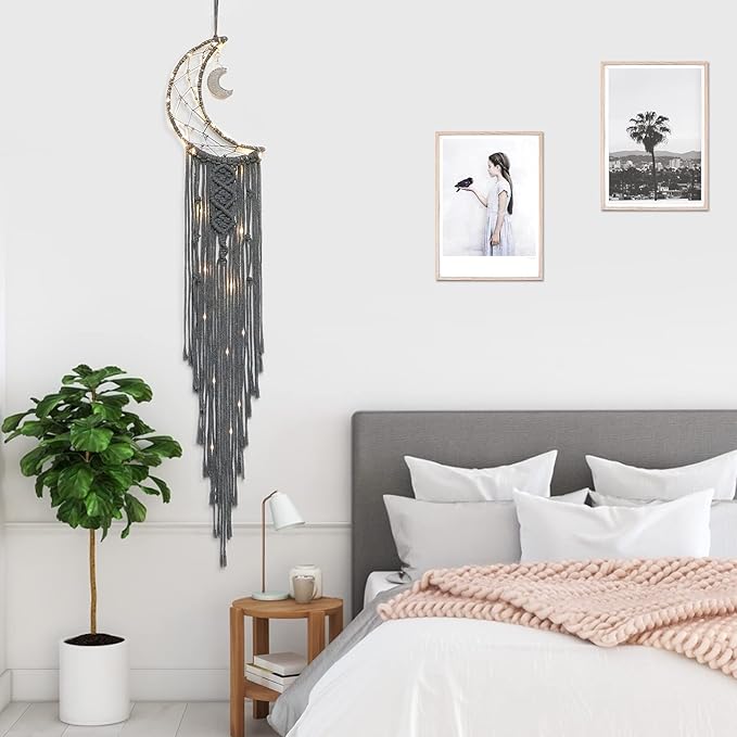 Dremisland Macrame Woven Wall Hanging Moon Dream Catcher- Boho Chic Bohemian Home Decor Wall Art Decor Beautiful Apartment Dorm Room Door Decoration (Moon-Grey)