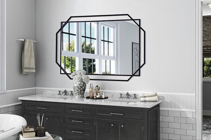 Large Decorative Bathroom Mirror for Wall with Metal Frame, Black Hanging Mirror for Wall, Living Room, Dining Room, Entryway (48.5"x32.5")