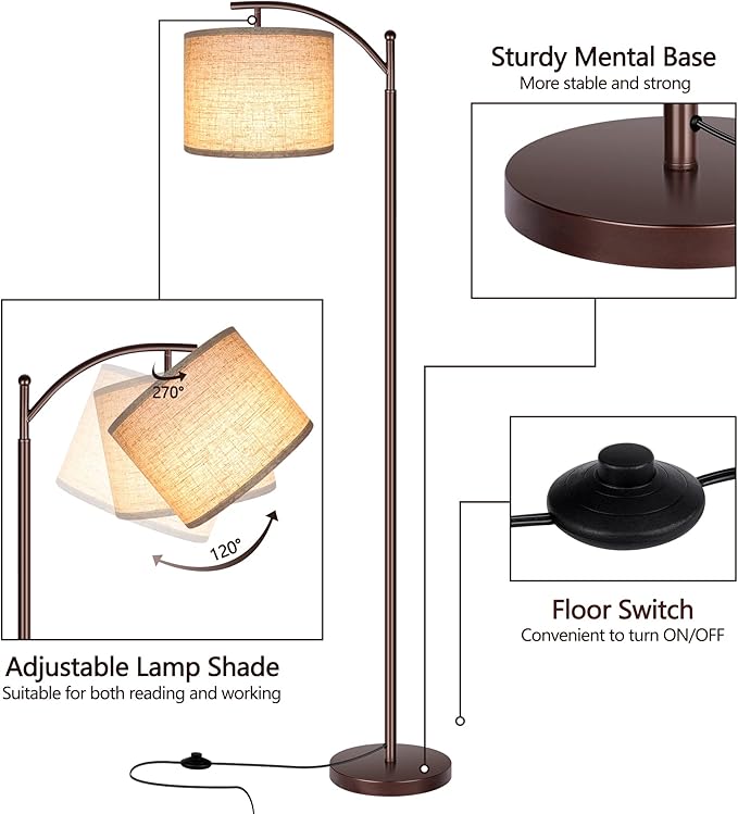 Rottogoon Floor Lamp for Living Room, LED Standing Lamp Tall Industrial Floor Lamp Reading for Bedroom, Office (9W LED Bulb, Beige Lampshade Included) -Oil-Rubbed Bronze